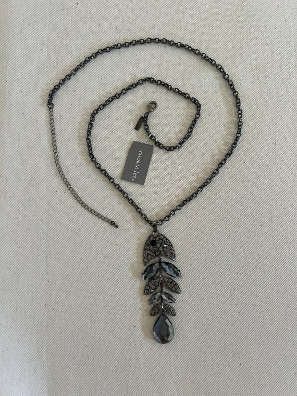 Cookie Lee Gunmetal Fish Skeleton Crystal Pendant Necklace - NWT